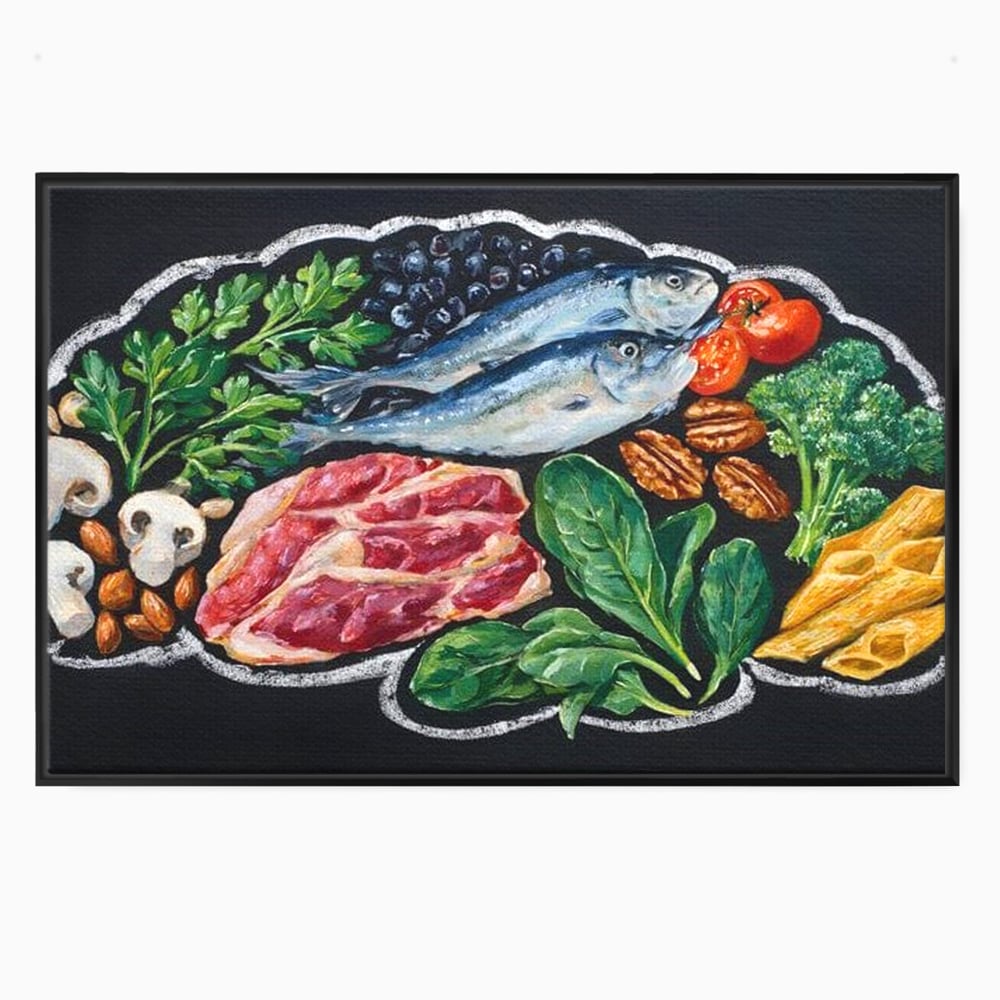 Tablou canvas cu pictura cu alimente variate pe fundal negru, in rama de aluminiu negru